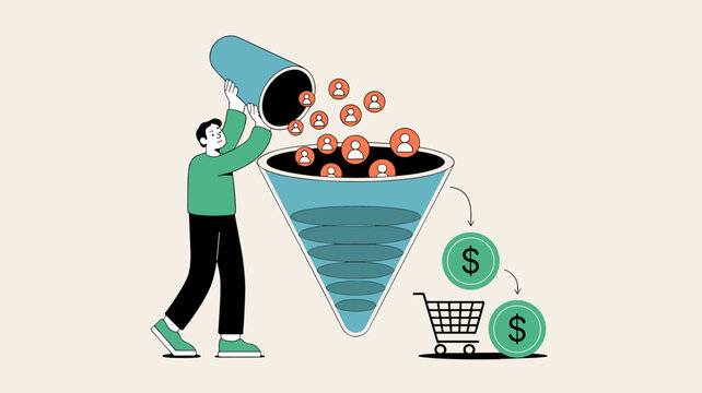 marketer pouring leads into a sales funnel, vector illustration for conversion rate optimization, lead generation and customer journey mapping