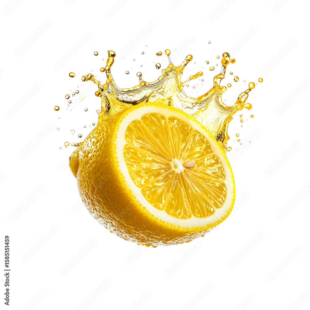 Poster refreshing lemon slice splashing yellow juice drink on transparent background