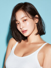 Korean Beauty Model on Light Blue Background, Asian Female Skincare Model Portrait, AI Cosmetic Model in Pastel Setting, K-beauty Stock Photo, SNS Beauty Model Shot