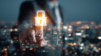Professional interacting with glowing transparent security lock interface over cityscape