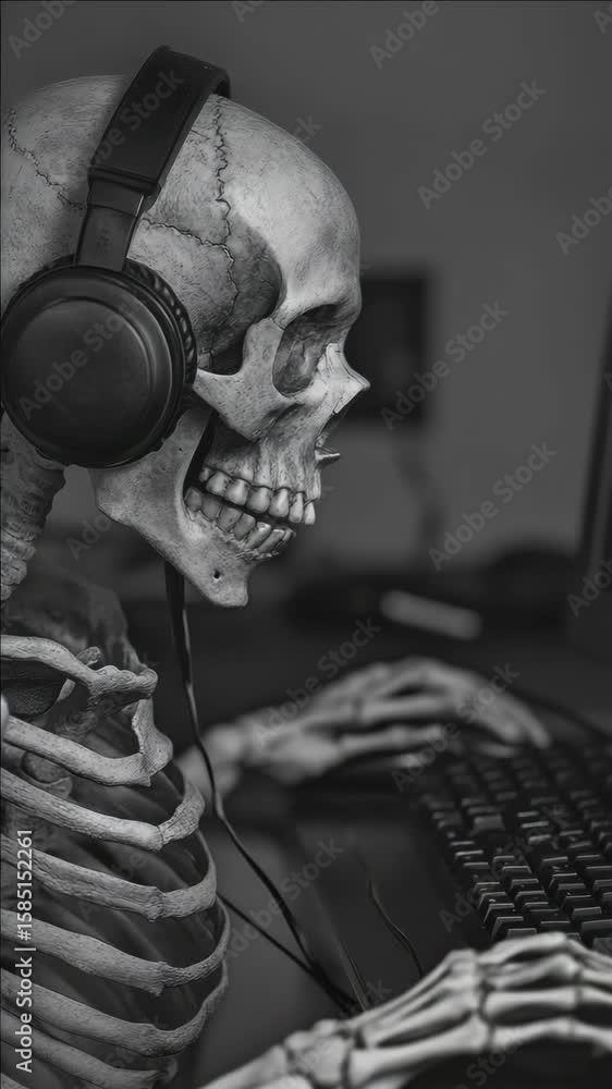 Aufkleber of a skeleton wearing headphones and working on a computer with a keyboard.
