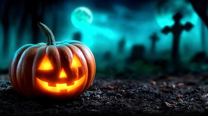 Jack O Lantern In Cemetery In Spooky Night With Full Moon Halloween. A carved pumpkin glows eerily amidst tombstones under a bright celestial orb during a mysterious autumn evening.