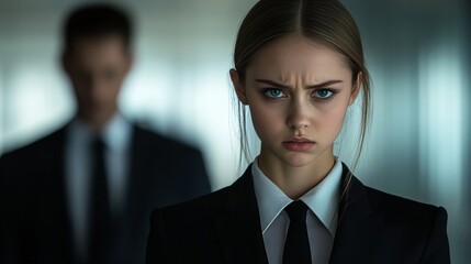 Corporate concern expressed by a businesswoman in a suit with an intense gaze in a modern setting.