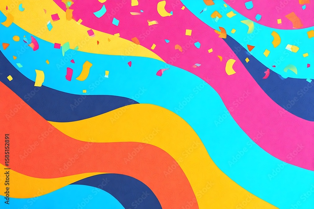 Poster vibrant swirling waves of abstract color with falling confetti creating a festive and cheerful backg