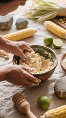 Fototapeta premium Heritage corn being transformed into masa dough by hand, celebrating slow food movement and indigenous food practices