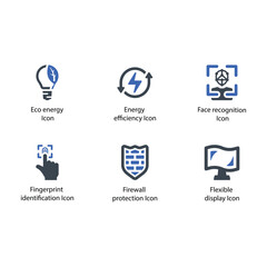 Eco energy, Energy efficiency, Face recognition, Fingerprint, Firewall protection, Flexible display, icon