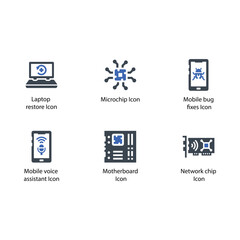 Laptop restore, Microchip, Mobile bug fixes, Voice assistant, Motherboard, Network chip, icon
