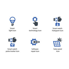 Smart light, Smart technology, Smart watch hologram, Pulse tracker, Software repair, Solar panel, icon