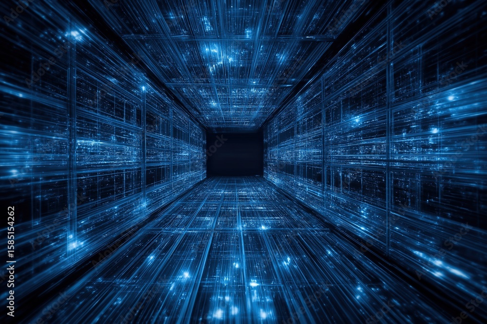 Poster abstract futuristic digital tunnel with glowing blue lines and data technology background featuring 