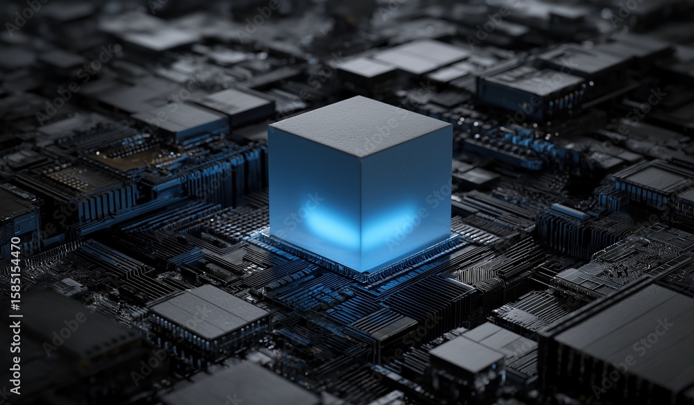Poster 3d rendering of glowing blue cube on black circuit board with intricate electronic components symbol