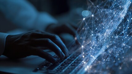 Person's hands typing on a laptop with network connection overlay, representing artificial intelligence, data transfer, and cybersecurity