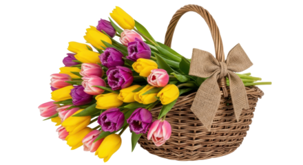 Isolated Bouquet of colorful tulips in a basket