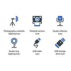 Umbrella lighting, Polaroid camera, Studio reflector, Ring lighting, USB cable, USB storage drive, icon