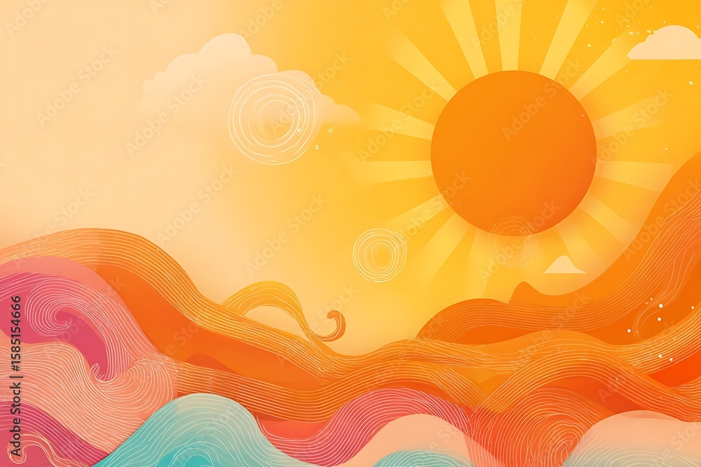 Aufkleber vibrant abstract sunset over rolling waves featuring warm color gradients and stylized sun rays crea