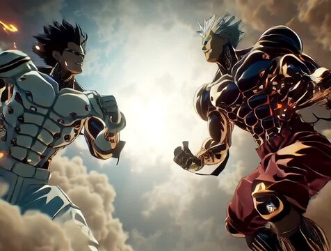 anime style, two titans face off in midair, one bursting with blue light from within, the other dark energy surrounding him like smoke, muscles bulging with power, dramatic explosion of aura from both