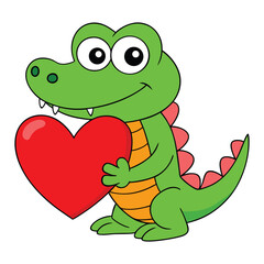 Fototapeta premium A friendly crocodile gently holding a big red heart vector illustration