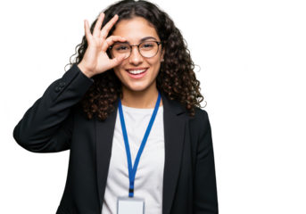A young woman with curly hair and glasses smiles and makes an ok gesture, isolated on a transparent background