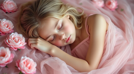 Little girl sleeps sweetly on a bed decorated with pink flowers, covered in transparent pink fabric
