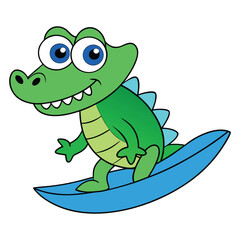Funny Cartoon Crocodile Surfing with Big Goofy Eyes Vector Illustration