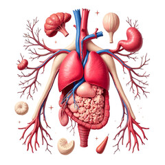 Anatomical Illustration Human Organs and Vascular System Depicted in Red and Blue with Neutral Tones