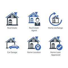 Real Estate, Estate Agent, Home exchange, Car Garage, Home Location, Home Loan Approved, icon