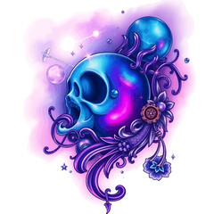 Mystical Skull Illustration with Floral Accents and Galactic Elements for Art and Decor
