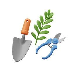 Gardening Tools 3D Render: Trowel, Secateurs, and Sprig
