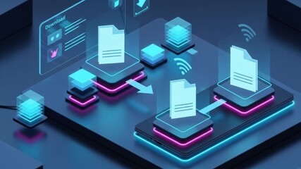 Futuristic data transfer animation displaying secure file sharing process - Powered by Adobe