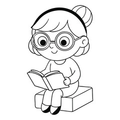 Cute Little Girl Reading a Book Vector Cartoon with Big Round Glasses
