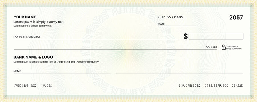 Blank bank check, checkbook cheque template or money payment paper voucher, vector mockup. Business or personal account cash pay cheque certificate or paycheck coupon from checkbook