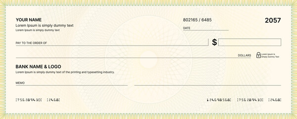 Blank bank check, checkbook cheque template or money payment paper voucher, vector mockup. Business or personal account cash pay cheque certificate or paycheck coupon from checkbook