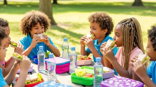 Children Enjoying Healthy Sandwiches and Lunch at School Table