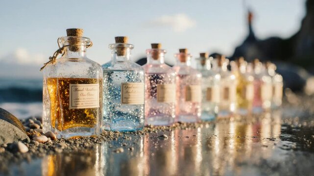 Row of vintage bottles with colorful liquid on a wet beach