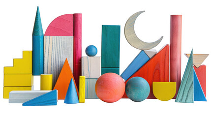 colorful set of children's wooden building blocks of various shapes on transparent background