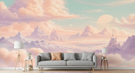 Peaceful Living Room Interior with Pastel Cloud Mural and Cozy Sofa Set in Modern Design