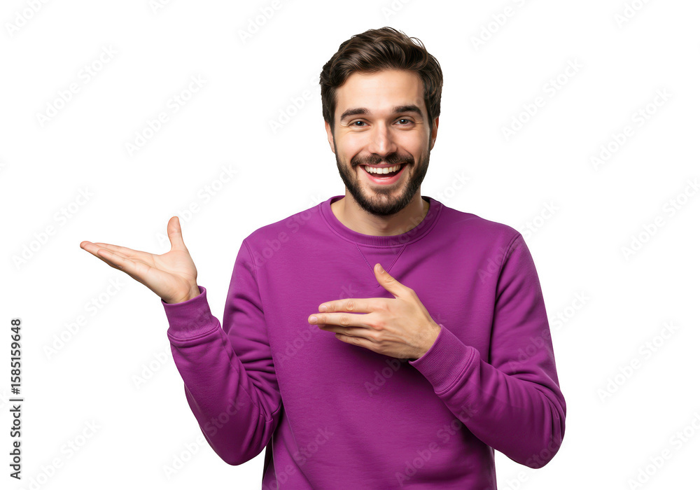 Poster a smiling man with a beard happily presents something with his open hand, isolated on transparent ba