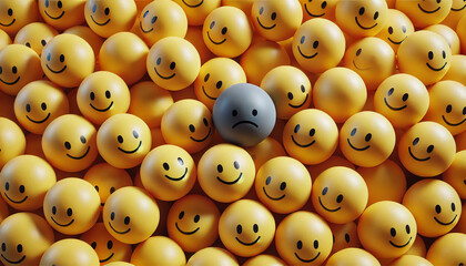 A gray sad face contrasts with numerous yellow happy faces, highlighting emotional isolation amid positivity and happiness.