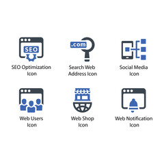 SEO Optimization, Search Web Address, Social Media, Web Users, Web Shop, Web Notification, icon