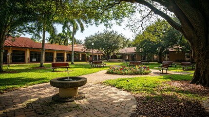 Serene courtyard with fountain, benches, and vibrant flowerbed in a tranquil park setting