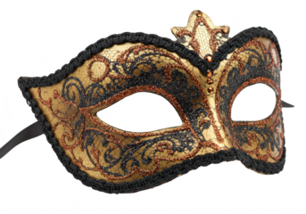 A luxurious gold and black venetian masquerade mask with ornate details and a ribbon, isolated on white isolated on transparent background