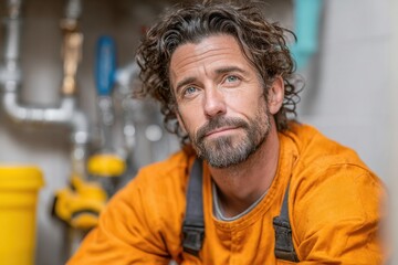 Man in orange overalls sits surrounded by pipes and wires in a small room, looks directly at camera