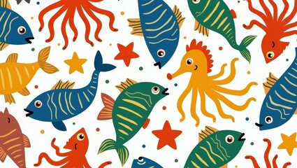 Colorful underwater creatures pattern design.
