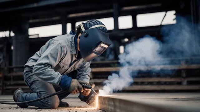 Welder in action at an industrial site wearing protective gear