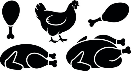Vector illustration: Chicken, legs, roasted bird, silhouette icons