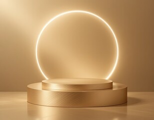 Luxury golden podium with glowing circular ring light for product display, minimal 3D stage with elegant gold texture and modern spotlight background, perfect template for cosmetic branding mockup

