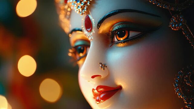 A doll representing a Hindu goddess with intricate decorations and red mark on forehead, often used in ceremonies for spiritual significance.