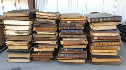 Stacks of antique books, various sizes and conditions, showing aged covers and spines.