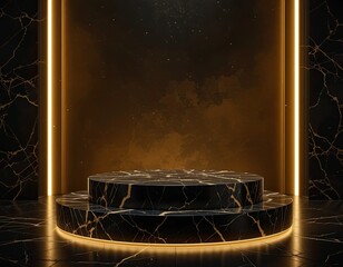 Luxury black marble podium with golden light lines and elegant spotlight in dark interior, 3D rendering stage for premium product display or branding mockup, perfect template for cosmetic or fashion p