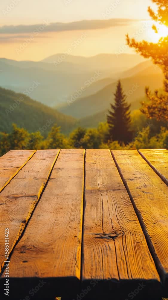 Poster a wooden table with a view of mountains in the background. the table is empty. the mountains are in 