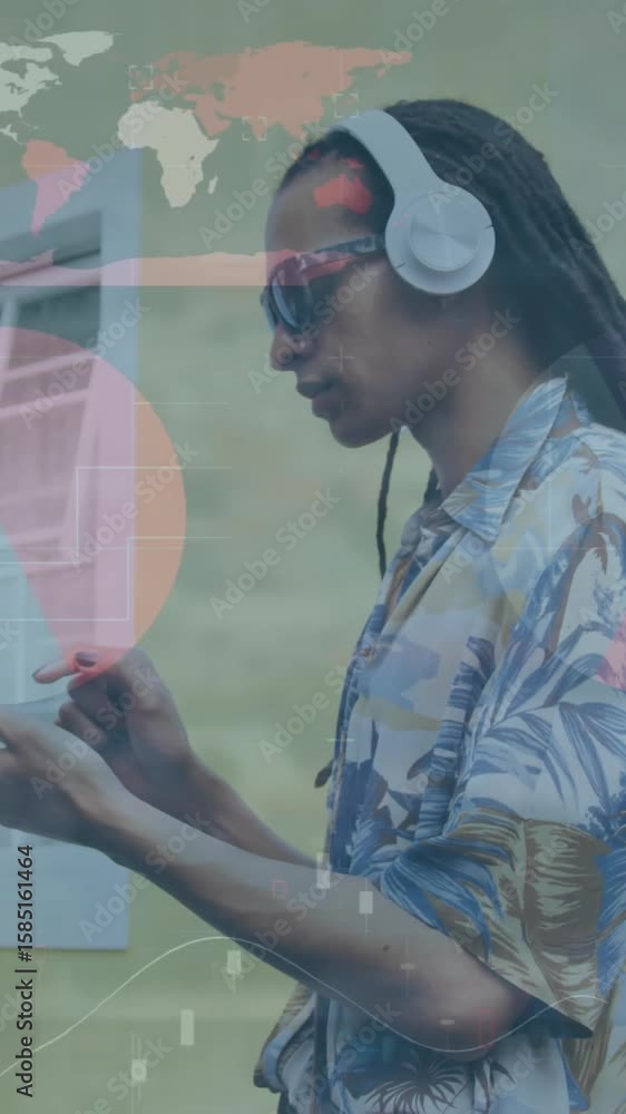 Poster animation of financial data processing over man using smartphone